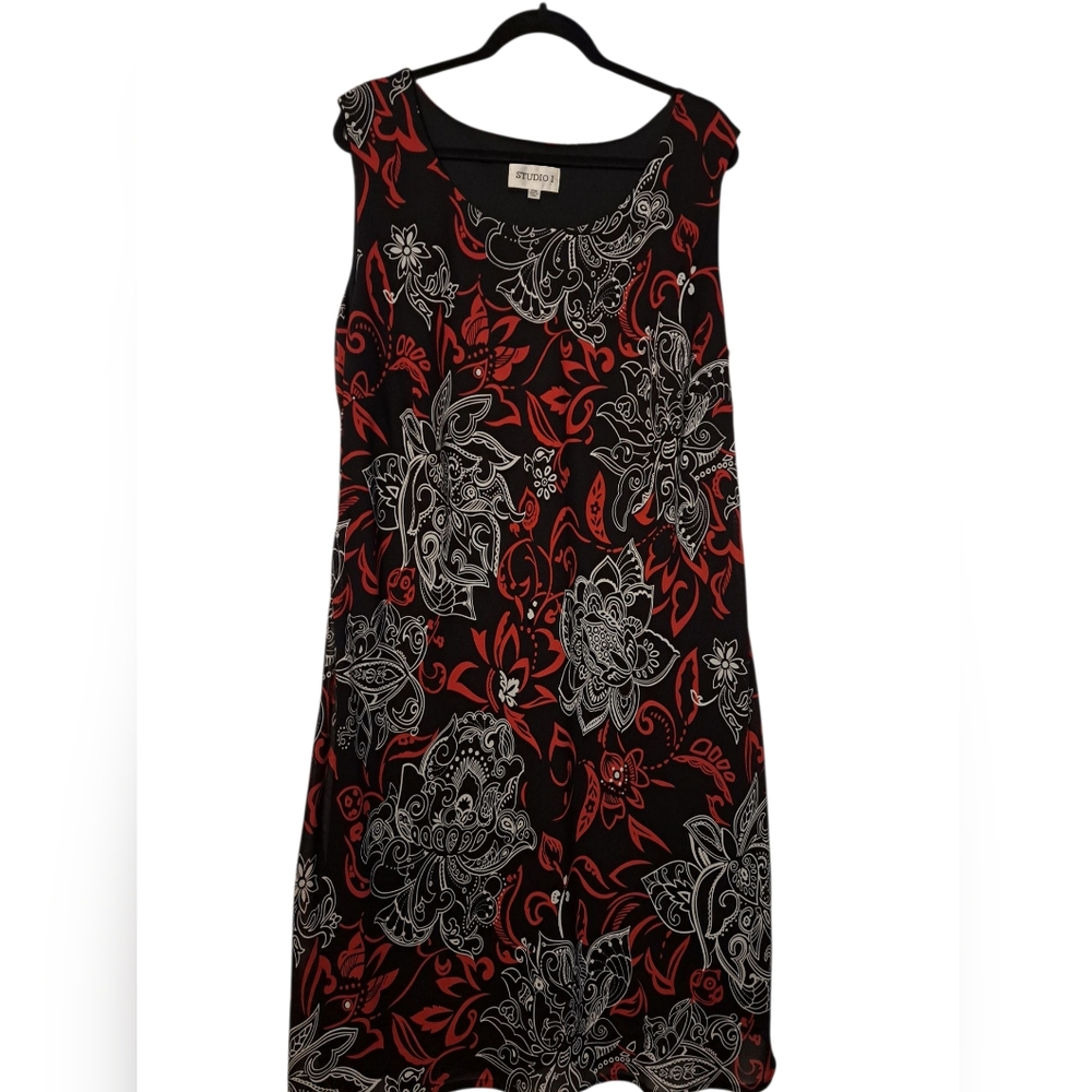 STUDIO 1 Black Red and White Sleeveless Sheath Midi Dress 22W